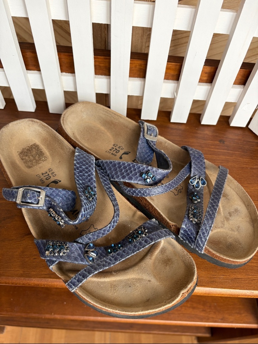 Betula by Birkenstock 42 Blue Embossed Jeweled Sandals
